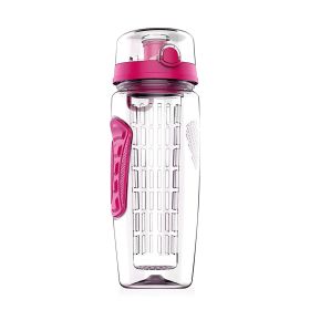 32oz Fruit Infuser Water Bottle with flip-top lid and anti-slip grips (Option: Pink)