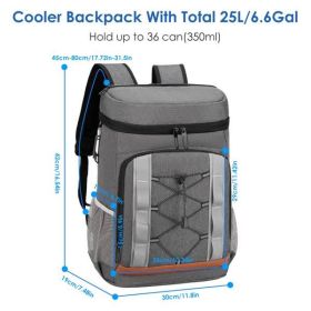 Leakproof Insulated Cooler Backpack, 36-can capacity (25L/6.6 gal), ideal for picnic, camping, beach, hiking, fishing, and travel. (Option: Gray)