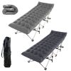 Portable folding camping cot with soft double-sided pad, supports up to 440 lbs