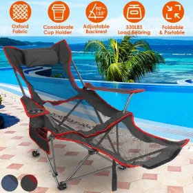 Heavy Duty Foldable Camping Chair, 330LBS Capacity, Steel Frame, Reclining Backrest, Cup Holder, Pillow, Side Pocket (Color: Black)