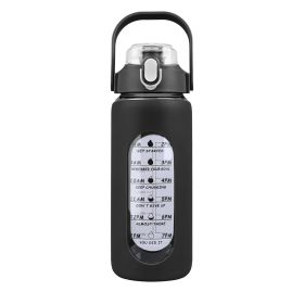 64oz glass sports water bottle with motivational time marker, straw, silicone sleeve, handle, and hydration tracker (Option: 64OZ_Black)