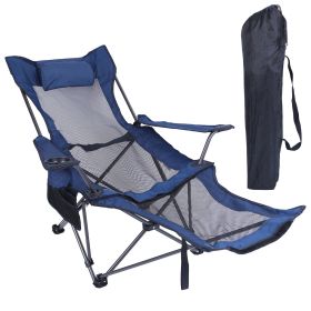 Folding Camping Chair—Heavy Duty Steel, 330LBS Capacity, Reclining Backrest, Cup Holder, Pillow, Side Pocket, Carry Bag (Option: Blue)