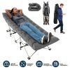 Portable folding camping cot with soft double-sided pad, supports up to 440 lbs