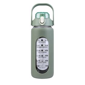 64oz glass sports water bottle with motivational time marker, straw, silicone sleeve, handle, and hydration tracker (Option: 64OZ_Green)