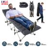 Portable folding camping cot with soft double-sided pad, supports up to 440 lbs