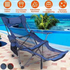 Heavy Duty Foldable Camping Chair, 330LBS Capacity, Steel Frame, Reclining Backrest, Cup Holder, Pillow, Side Pocket (Color: Blue)