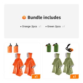 2pcs Emergency Blanket Poncho; Ultralight Waterproof Thermal Survival Space Blanket Ponchos (Color: Orange 2pcs+Green 2pcs)