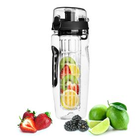 32oz Fruit Infuser Water Bottle with flip-top lid and anti-slip grips (Option: Black)