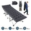 Portable folding camping cot with soft double-sided pad, supports up to 440 lbs