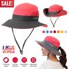 Summer Sun Bucket Hats Foldable UV Protection Cotton Wide Brim Floppy Cap Packable Ponytail Mesh