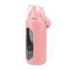 64oz glass sports water bottle with motivational time marker, straw, silicone sleeve, handle, and hydration tracker